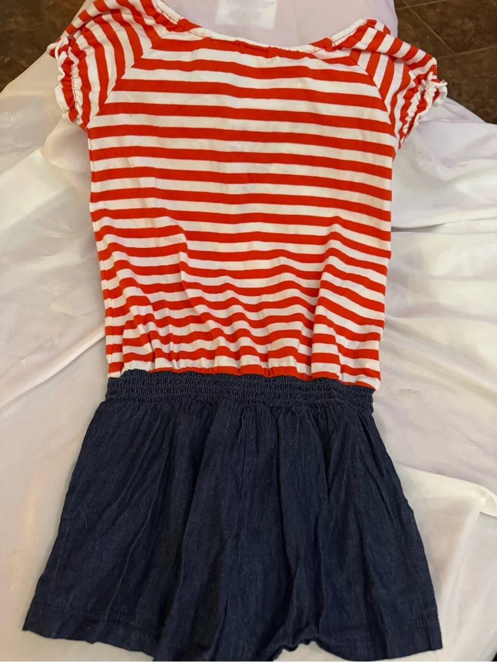 Guess Red & White Striped Top with Denim-Look Bottom Romper. One piece. Kids 7